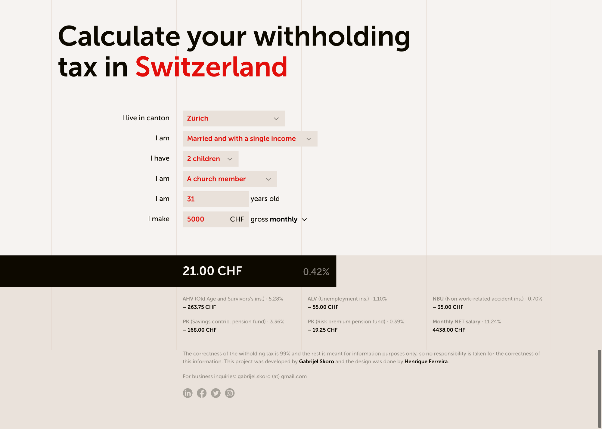 Izračunajte porez i neto plaću u Švicarskoj pomoću incometax.ch